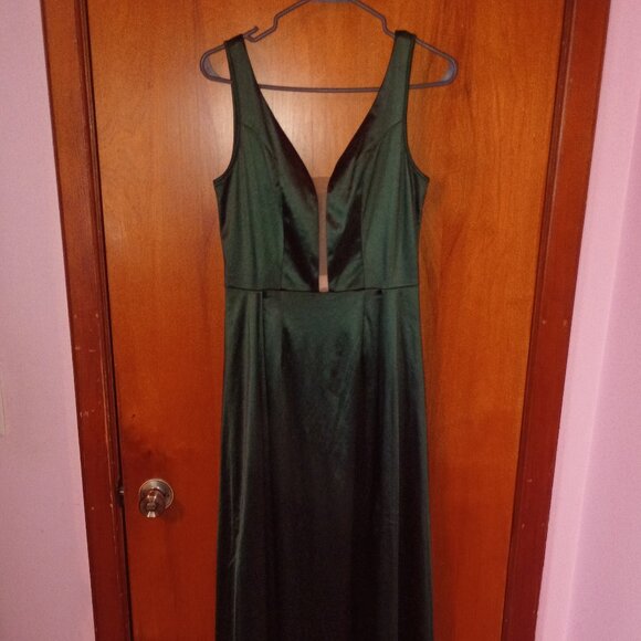 NWT MUXXN BOUTIQUE Sz Med Dark Green Satin Maxi Formal Sheath with Overskirt - Picture 1 of 10